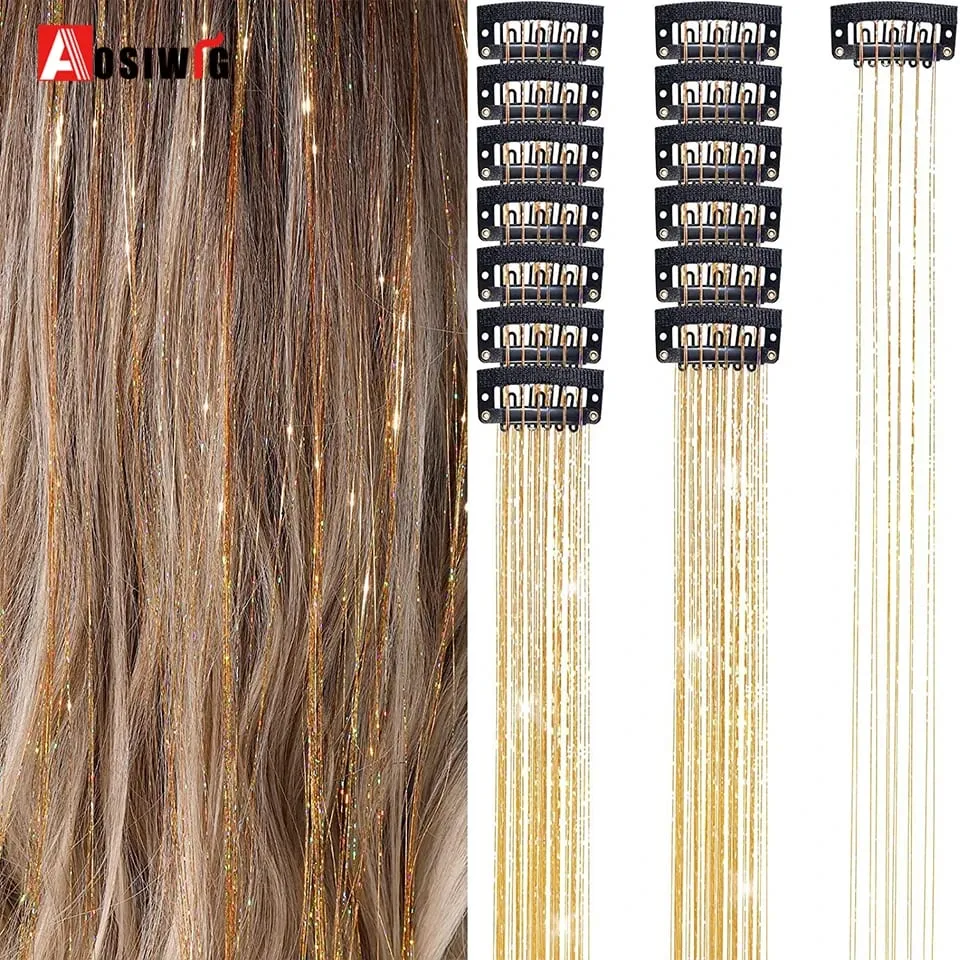 12Pcs/Pack Sparkle Blonde Hair Extensions Clip In Rainbow Shiny Sparkle Hair Tinsel Heat Resistant Sparkle Hair Extensions For W
