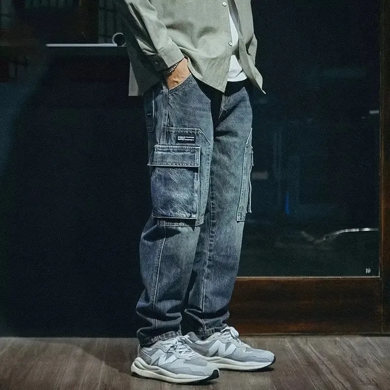 Denim Pant Men Jeans Vintage Wash Cargo Long Pants Loose High Waist Straight Trousers Pocket Y2k Streetwear Elegant Casual 2026