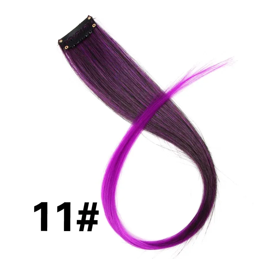 Lige farvet hårstykke Hair Extensions Clip In Highlight Regnbuehår Pink Blå Lilla Syntetisk på klips til kvinder piger — image 17