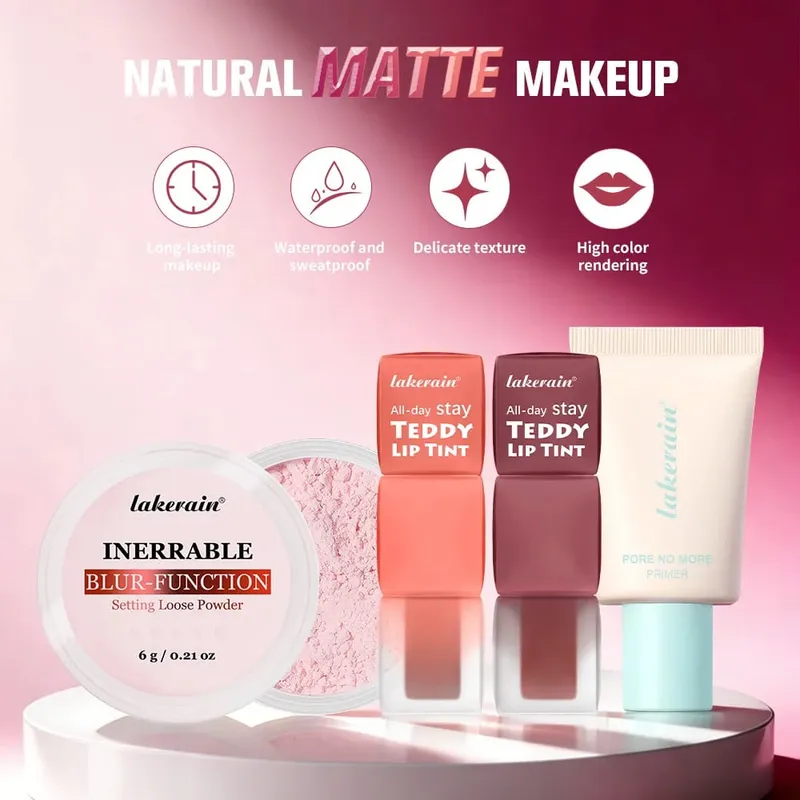 4pcs/set Pore No More Primer + Lip Tint + Loose Setting Powder Makeup Set Matte Long-Lasting Waterproof Effect Travel Portable — image 3