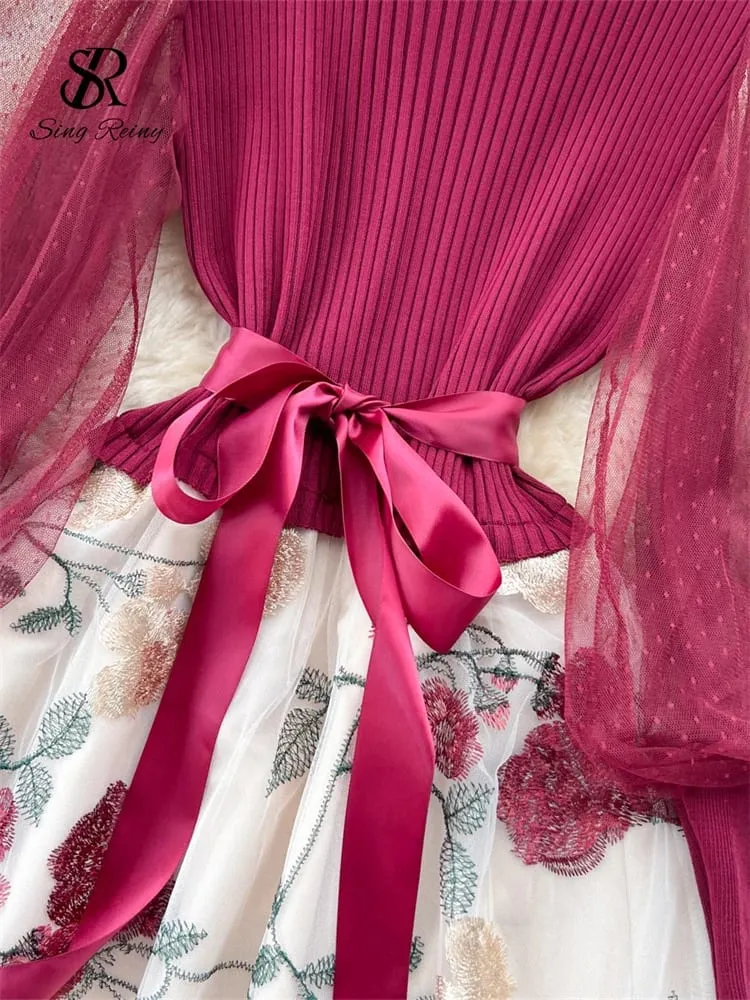 Senior Knitted Patchwork Dress Long Lantern Sleeves Bow Mesh Embroidery Floral Women Autumn France Elegant Party Dress — image 6