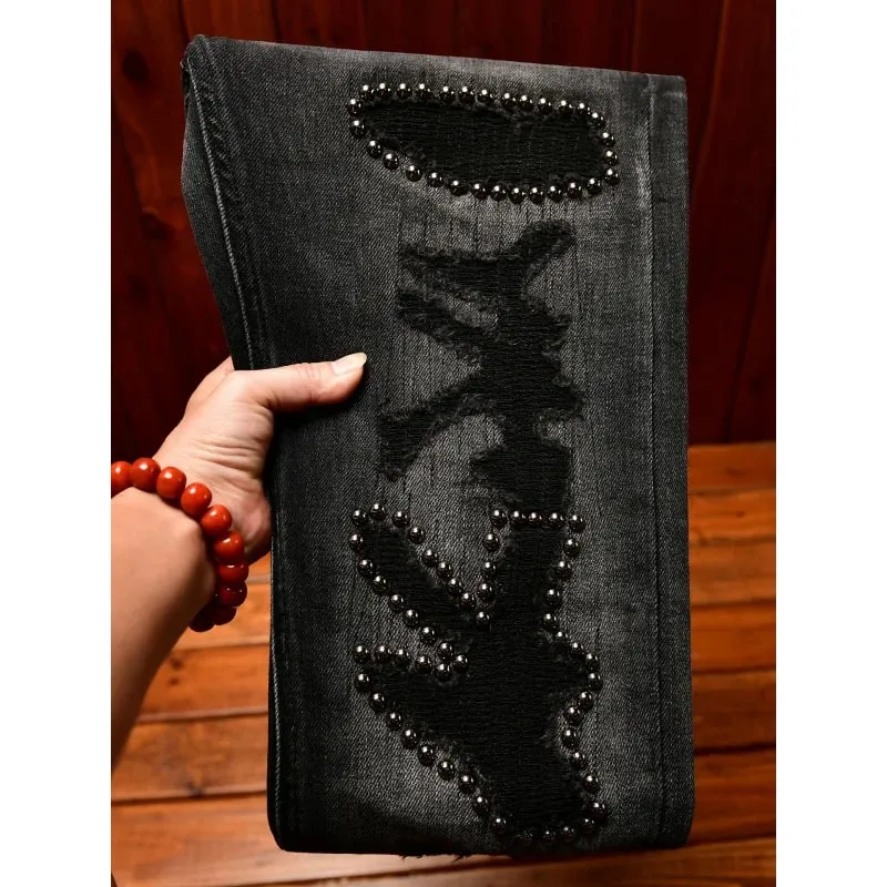 Design de decoração de metal preto jeans masculino na moda rasgado moda retro nostálgico rua magro ajuste calças magras — image 3