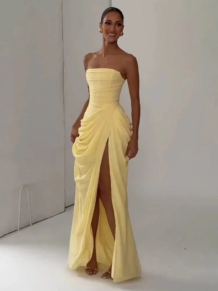 Dámské sexy jednobarevné plisované šaty dámské elegantní bez ramínek, bez ramínek, s vysokým pasem, rozděleným šatem 2026 letní večerní společenské šaty