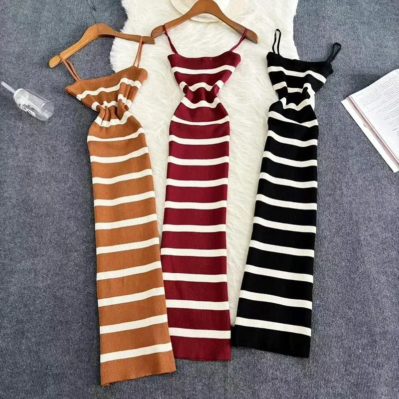 קיץ פס אלסטי Bodycon רצועת שמלת 2024 סקסית חוף שמלת קיץ נשים מקרית עיפרון דק Vestidos מקסי שמלה ארוכה