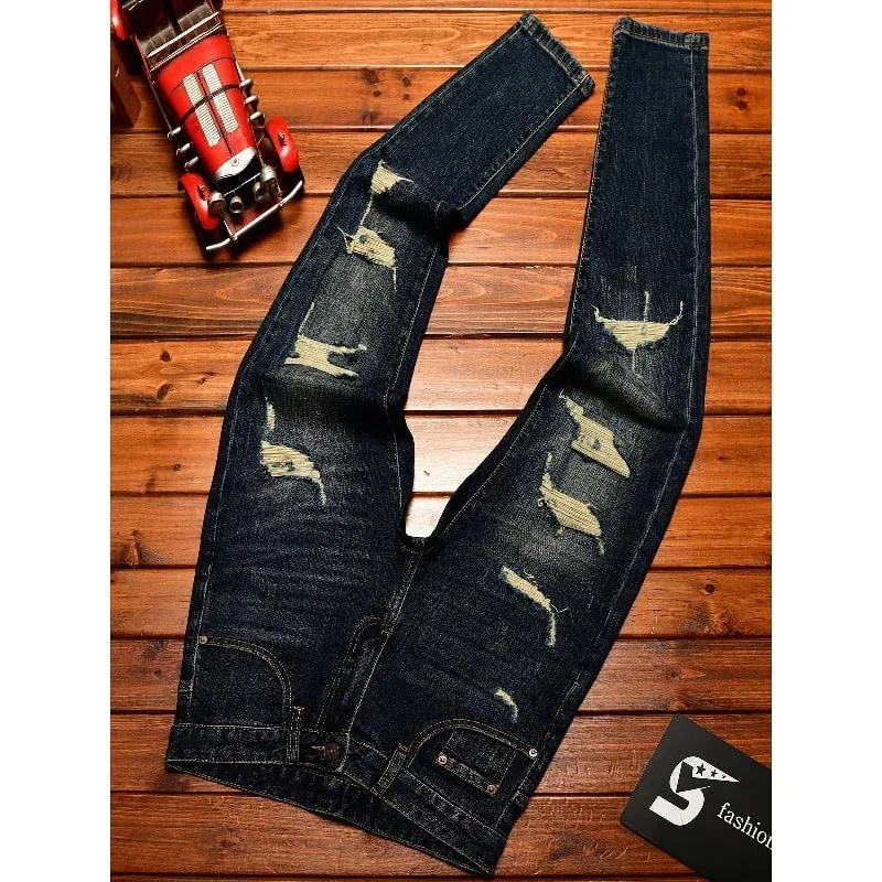 Street Designer Fashion Men Jeans Retro Washed Blue Stretch Slim Fit Ripped Jeans Men Y2K Vintage Casual Denim Pencil Pants — image 5