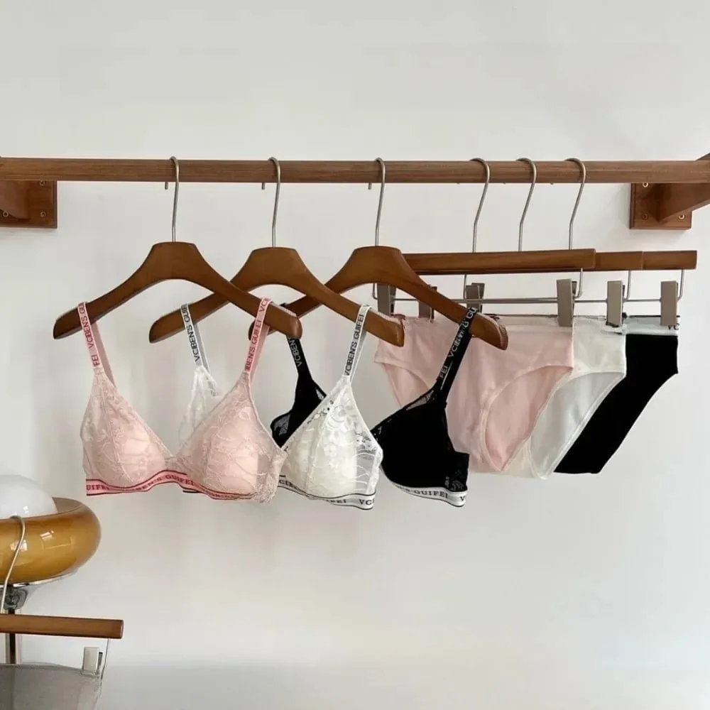 Bra Suit Letter Design Lingerie Set Lace Deep V Women Underwear Suit Wireless Color Blocking Bra Panties Set Daily