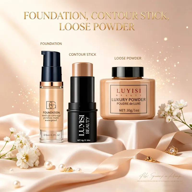 Facial Makeup Set:1PC Foundation+1PC Contouring Stick+1PC Setting Powder Full Coverage Waterproof And Sweatproof Soft Cosmetics. — image 4
