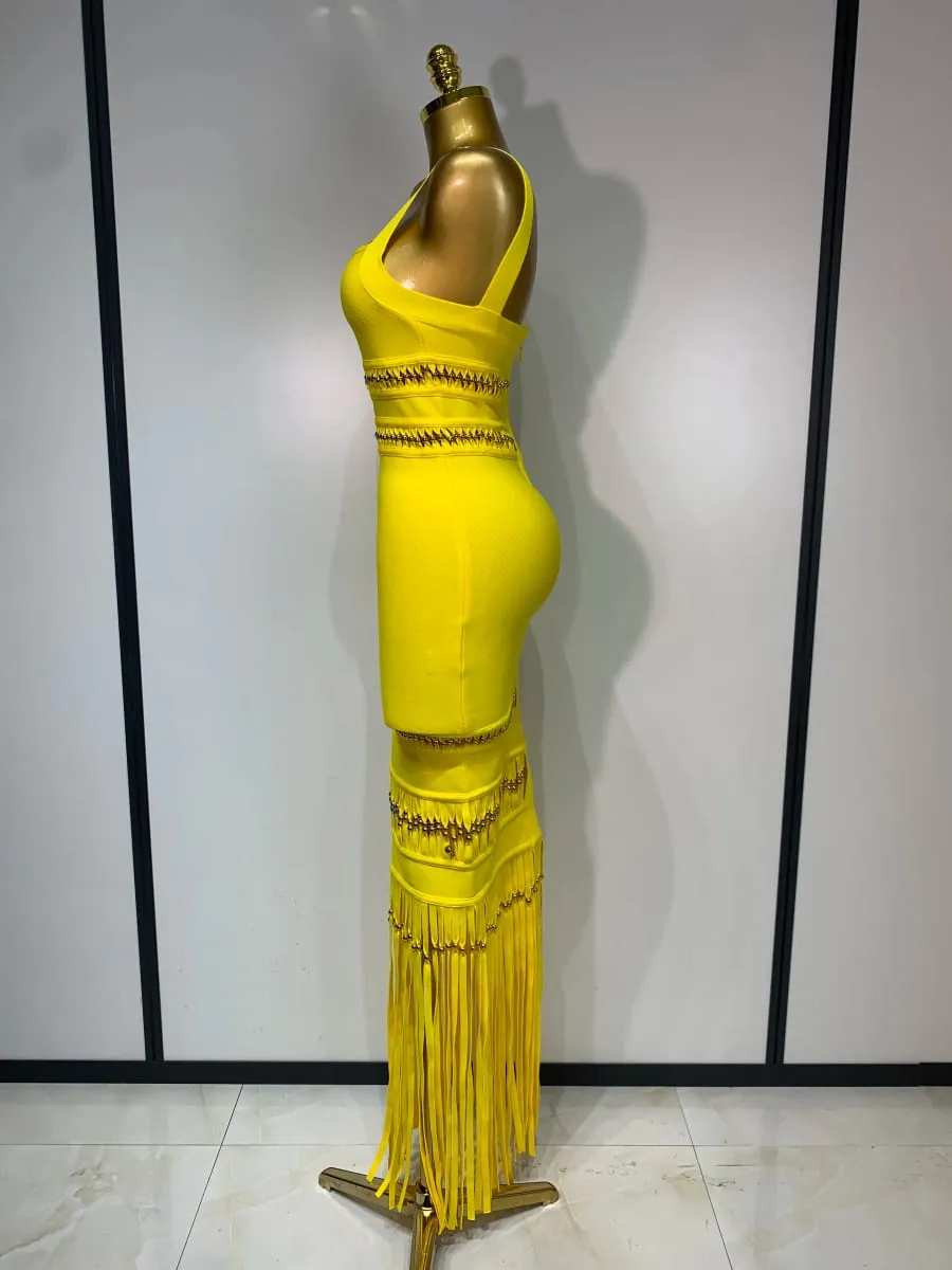 Mulheres sem mangas sexy gola quadrada borla bodycon bandage vestido celebridade elegante festa de noite vestido de aniversário de alta qualidade