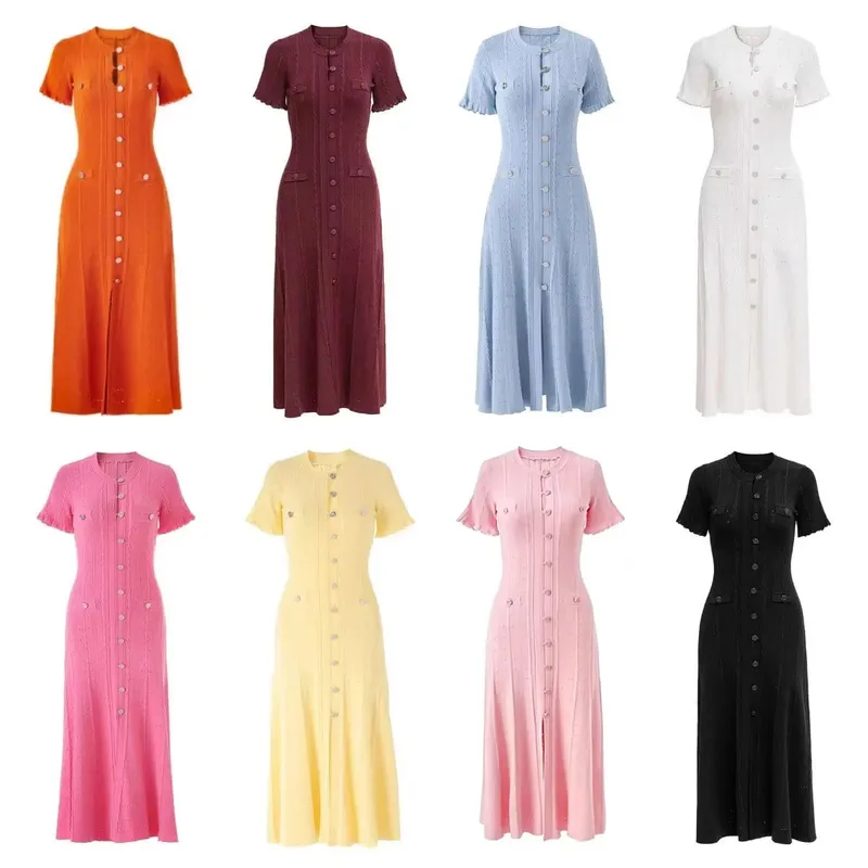 Summer Elegant Lady Knitted Single Breasted Long Dresses Women Solid Short Sleeve O Neck Button Bodycon Party Female Vestidos