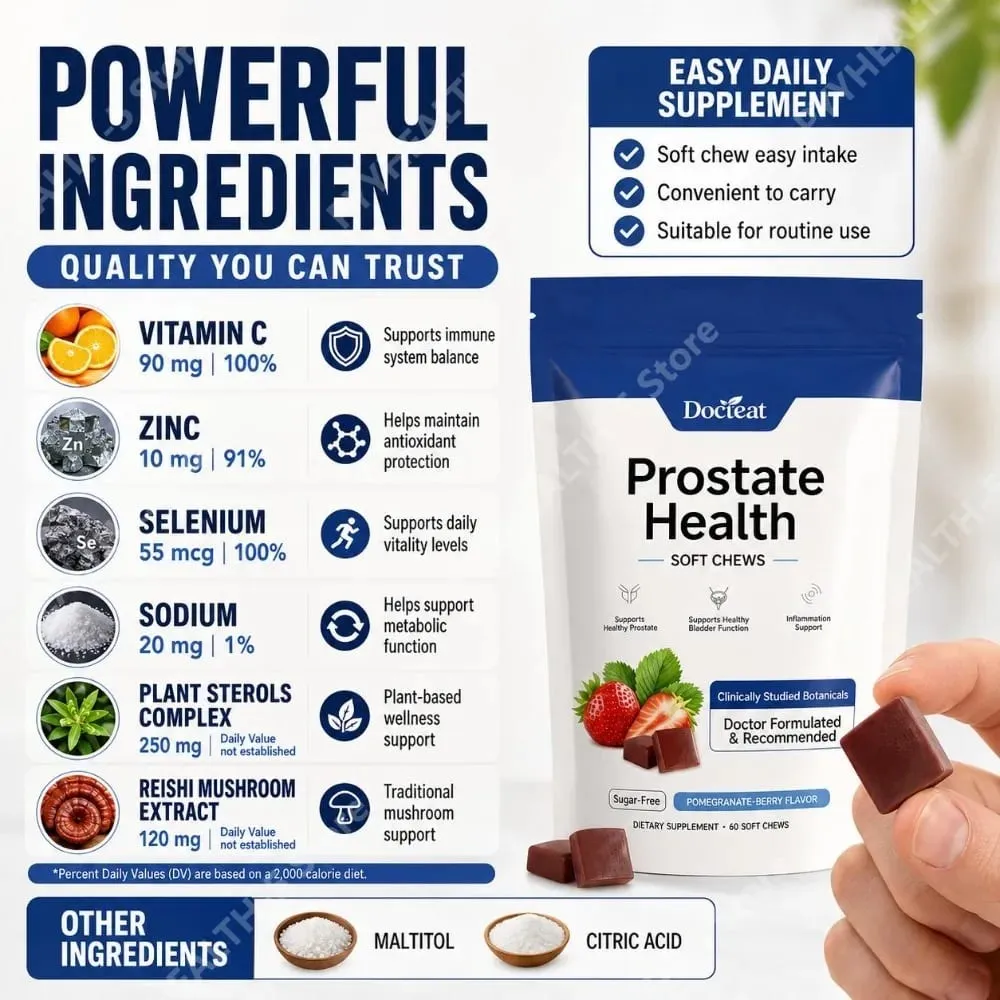 Docteat Prostate Health Soft Chews Sugar-Free with Vitamin C Zinc and Selenium for Immune System Balance 60 Soft Chews