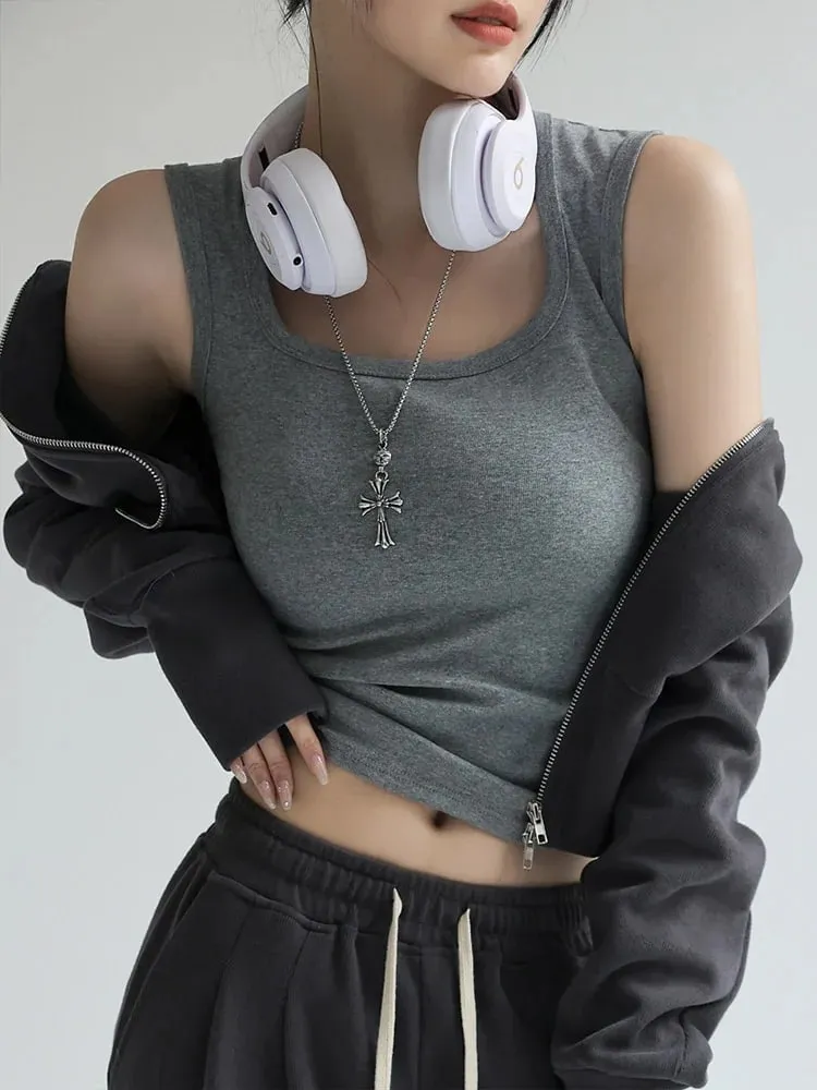 Women Solid U Neck Ribbed Tank Top Camisole Women Summer Basic Elastic Tank Top U Neck Solid Tank Top — image 2