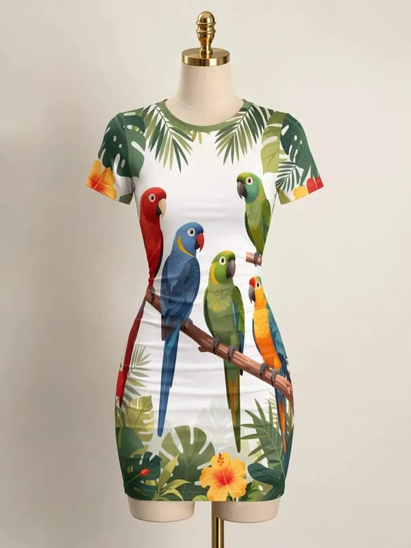 Womens Short Sleeve Bodycon Mini Dress Slim Fit Crew Neck Floral Print Casual Summer Party Cute Sweet Slimming Vacation Sundress