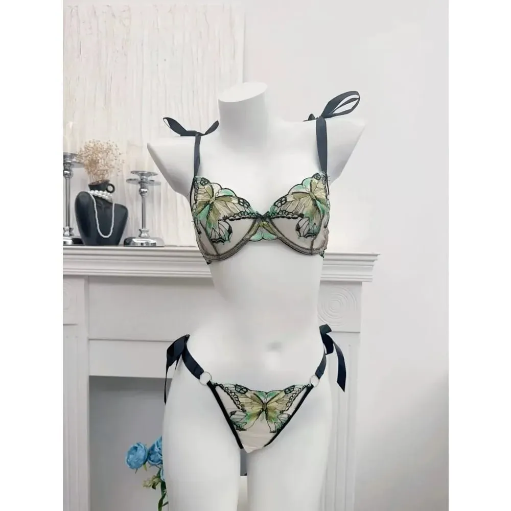 Modest Romantic Lace Butterfly Embroidery Bra Sheer Mesh Camisole Sleepwear Women Daily Wear Push Up Soft Lingerie Set 34-40