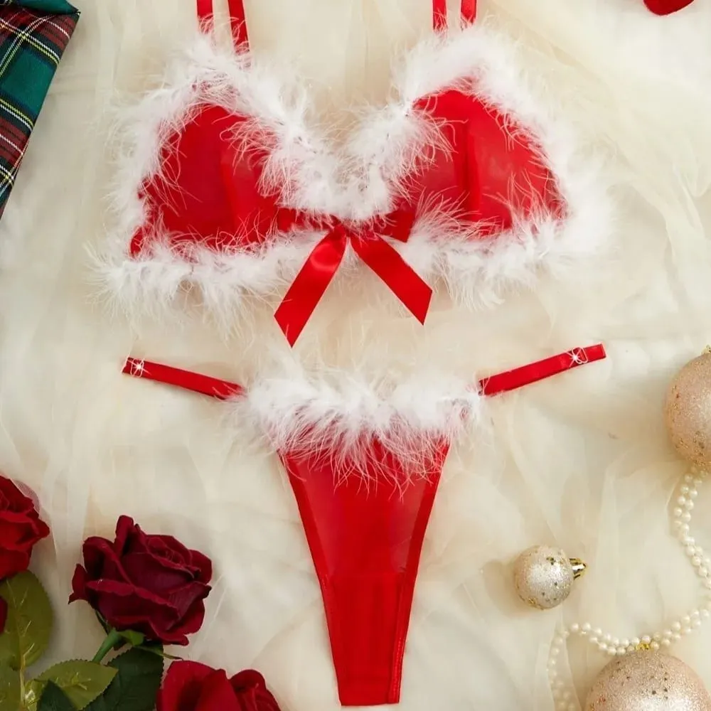 Furry Women's Underwear Wireless Mesh Transparent Lingerie Set Romantic Intimate Bow Decor Bra Panties Suit Anniversary