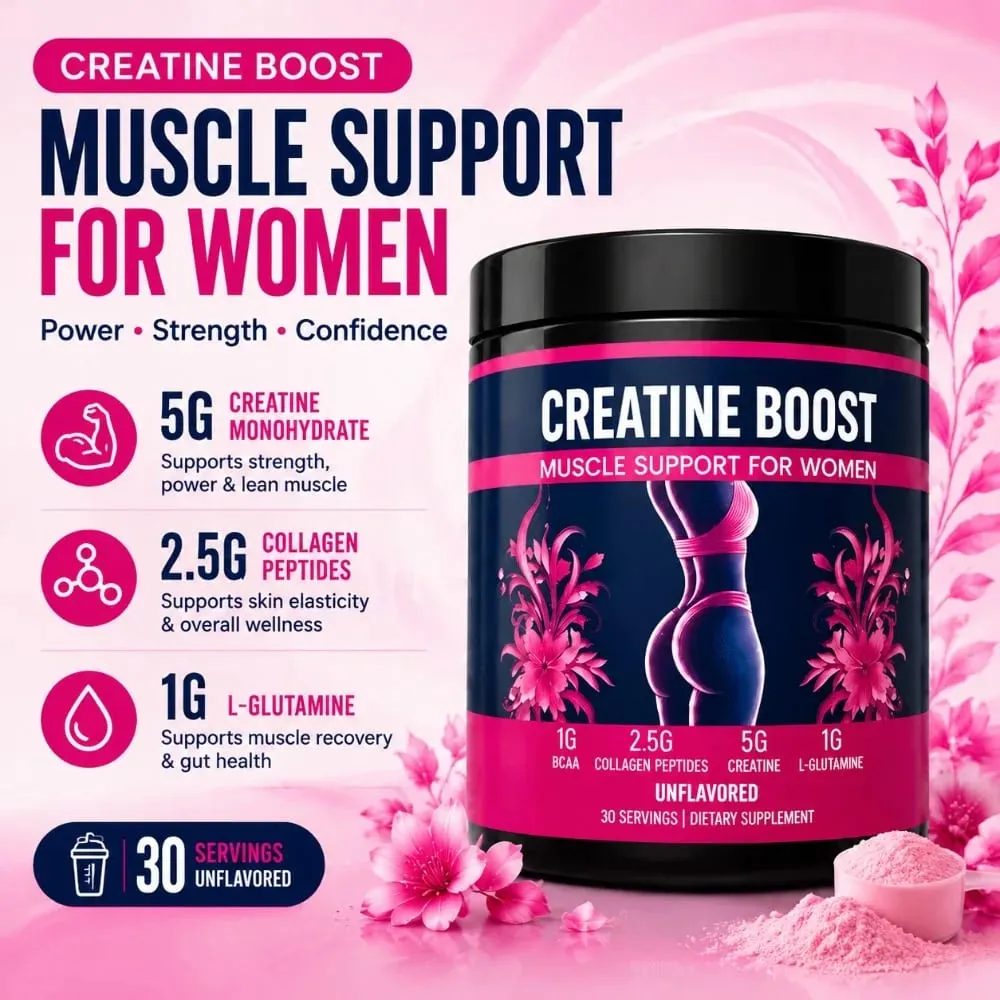 Creatine Monohydrate Powder for Women 5G Collagen Peptides BCAA Glutamine Supports Muscle Recovery & Skin Elasticity 30 Servings