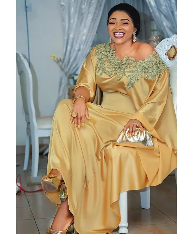 MCK Africa Gown Dress Silk Fabric Satin Gold Color Golden Flower Embroidery Diamond Abaya Party High Quality Maxi Long Dresses