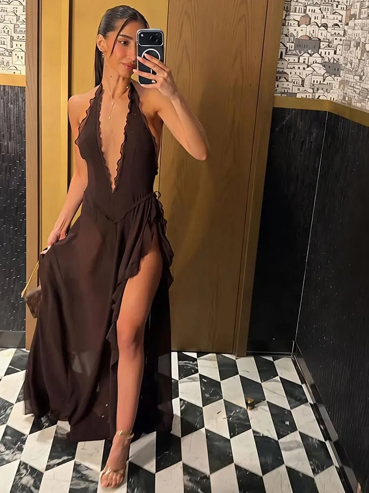 Mozision Halter Dyb V-hals Rygløs Sexet Maxikjole Kvinder Elegant Off-Soulder Ærmeløs Høj Split Club Party Lang Kjole