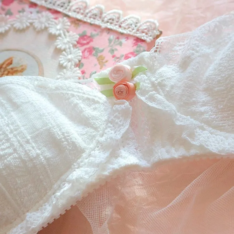 Vintage iç çamaşırı prenses beyaz dantel iç çamaşırı pamuk balenli sütyen ve külot seti japon küçük göğüsler seksi ve sevimli Bralette — image 7