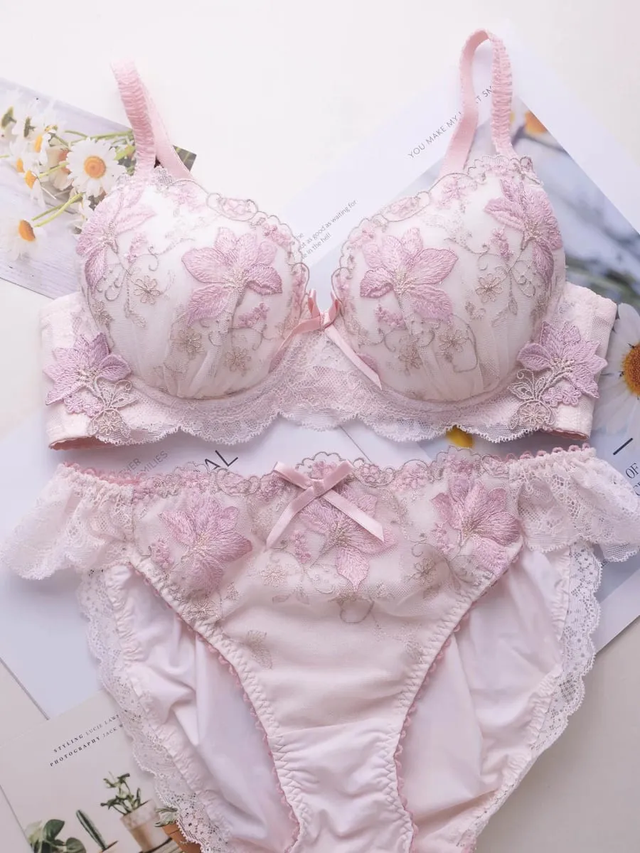 Conjunto de lingerie doce estilo japonês, conjunto de sutiã fino bordado com copo raso tipo 2