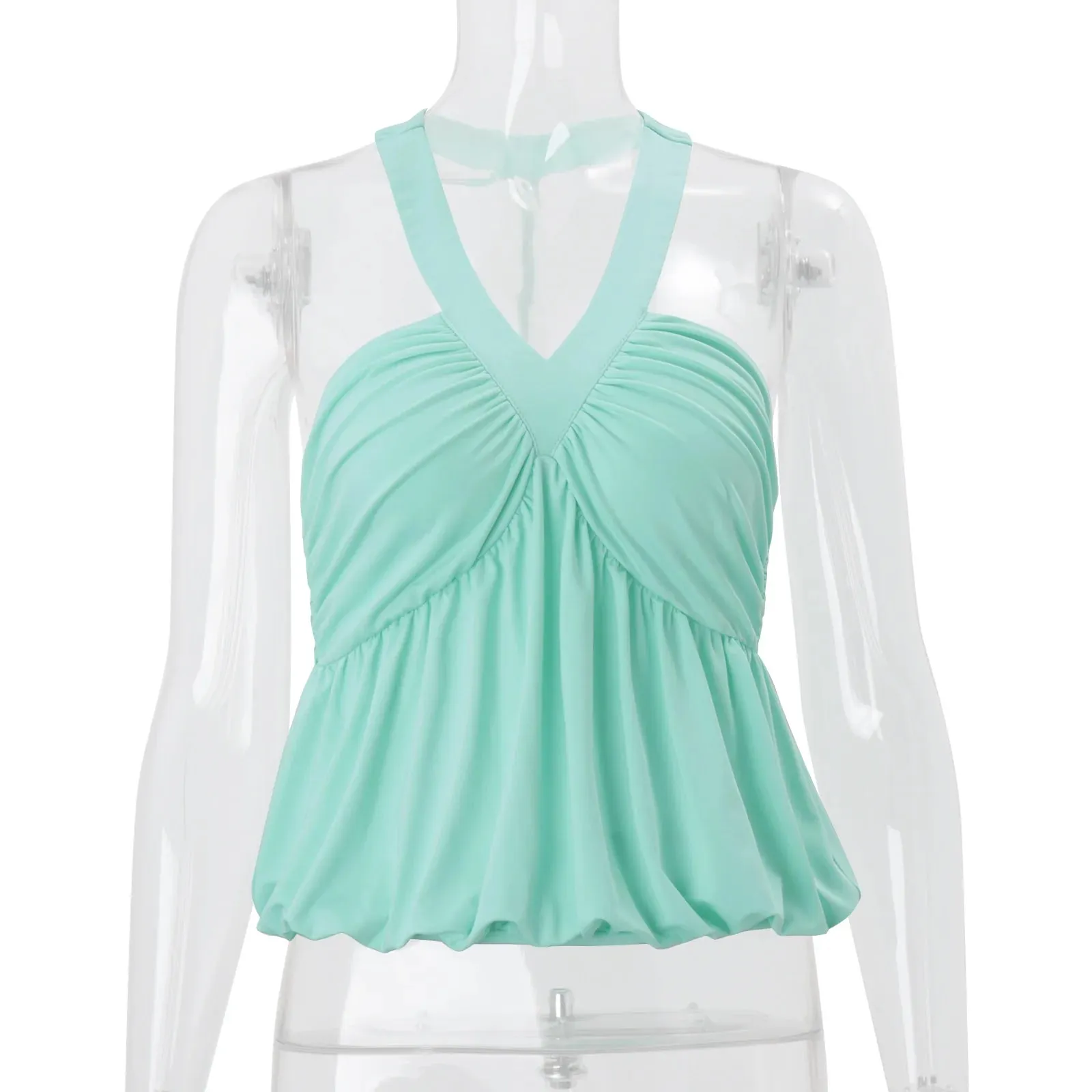Typhaland Cross Neck-Mounted Camisole Women's Solid Sexy Backless Waist Cinching Pleated Stretch Casual Commuting Female Top — image 6
