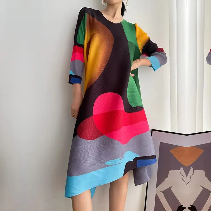 Miyake Pleated Print Dress 2024 New Early Spring Fashion Elegant A-line Swing Dress Elegant Women's Clothing High-quality