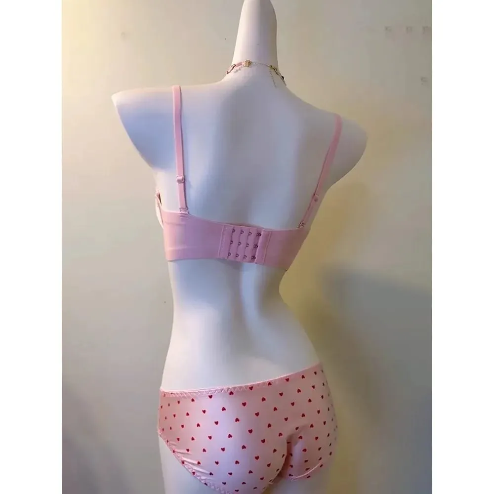Set reggiseno in pizzo a cuore per ragazze dolci Lingerie push up sexy per seno piccolo Intimo con supporto laterale anti-cedimento 32‑38AB Set reggiseno