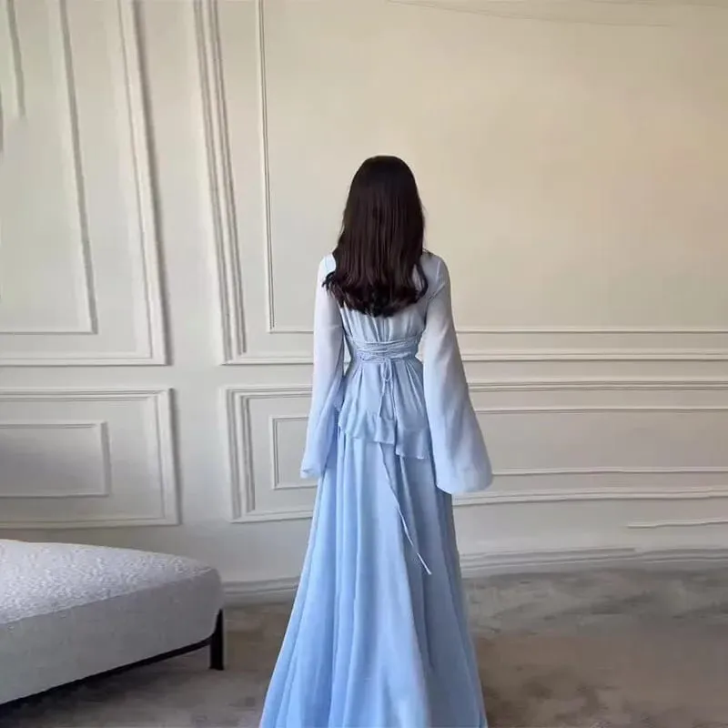 Kvinder Chiffon Solid Flæser Kjole Flare Ærmer Rundhals 2025 Ny Elegant Maxikjole Aftenfest Mode Ferie Dame