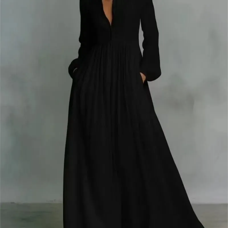 Women's Elegant Single Breasted Long Dress 2026 French High Waist Solid Pockets Pleated Maxi Evening Dress