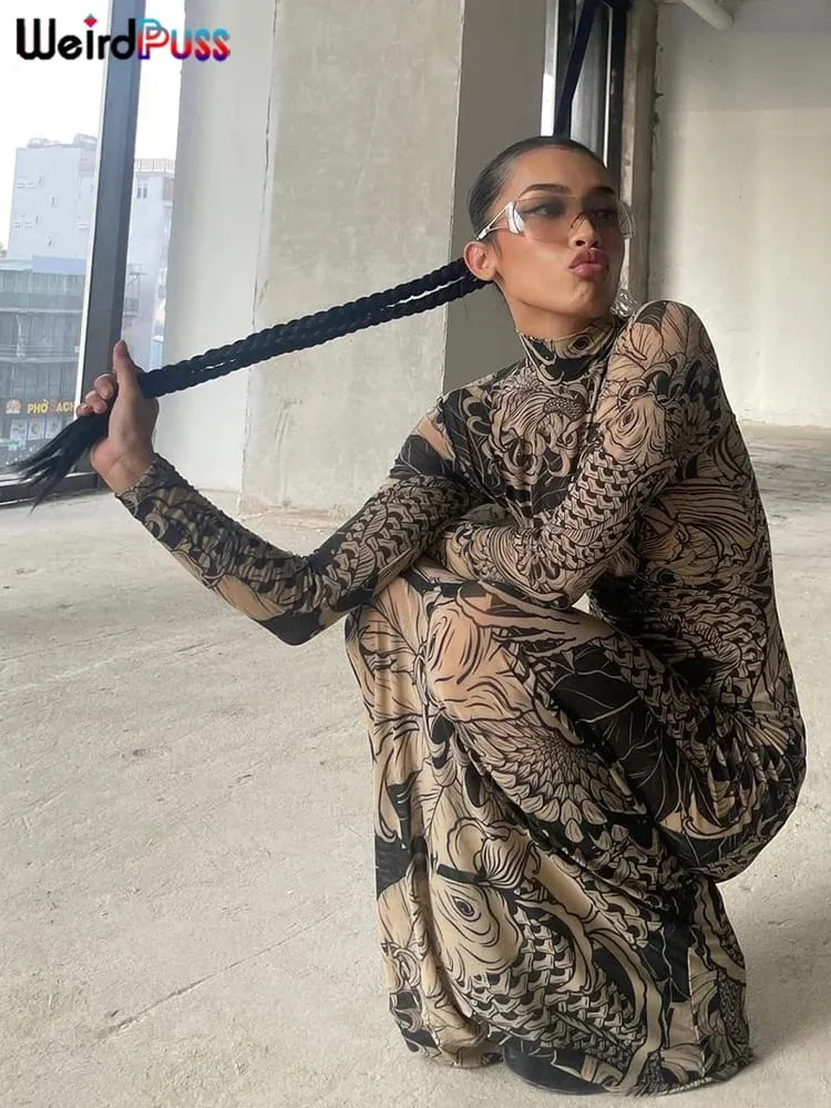 Dziwny kot siatkowy nadruk damska sukienka Maxi z golfem pełna rękaw Bodycon jesień modne biodrówki główna ulica Party Y2K strój