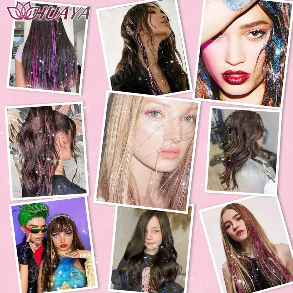12Pcs/set Hair Tinsel Clip in Glitter Tinsel Hair Extensions Synthetic Shiny Sparkling Fairy Hair Tinsel Party Hair Accessories