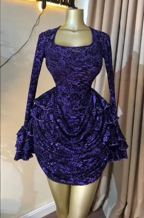 CM.YAYA Donna Tie Dye Stampa Cascata Ruffles Campana Manica lunga Aderente Increspato Drappeggiato Abito con scollo a V Vacanza al mare Abiti da vacanza