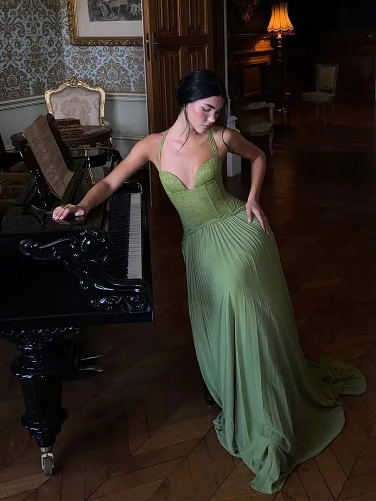 Green Chic Corset Halter Long Dress Women Solid Backless Off Shoulder Pleated Patchwork Slim Dresses 2026 Lady Party Gown New — image 2