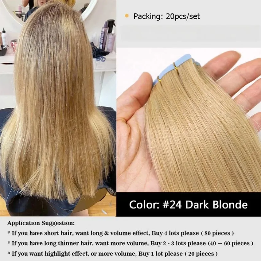 20PCS 12-22inches 30g/pack Tape in Hair Extensions Human Hair Seamless Tape Hair Extensions Skin Weft PU Tape On Hair