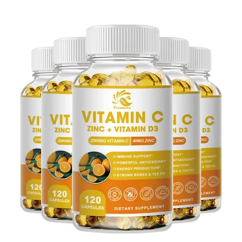 Greensure Supplements Zinc 40mg Vitamin C 2000mg and Vitamin D3 5000 IU (125mcg) Per Serving - 60/120 Capsules — image 8