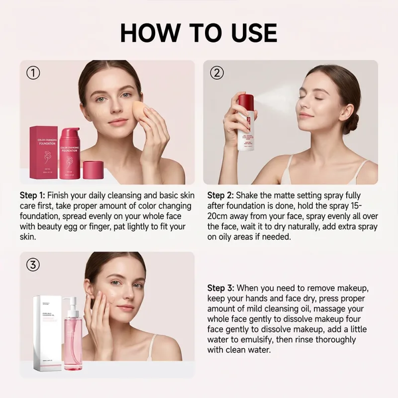 Makeup Kit 3pcs Cleansing Oil Setting Spray Foundation Gentle Matte Long-Lasting Natural Hydrating Daily Set — image 7
