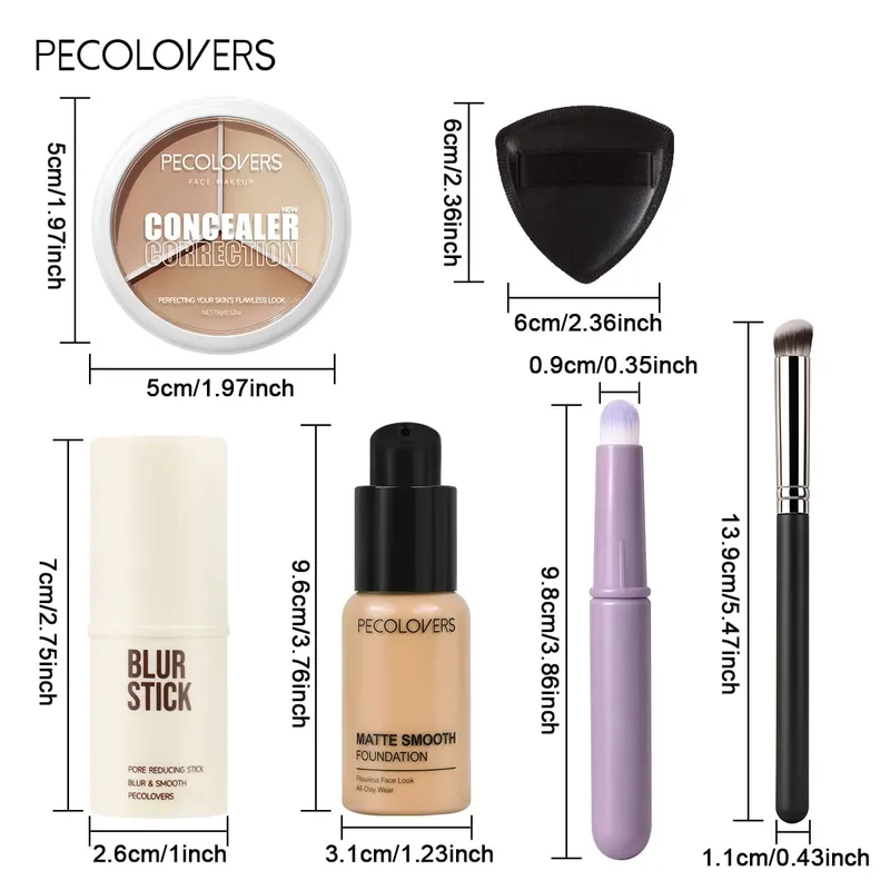 6PCS/SET All-in-One Face Base Kit Pore Minimizing Primer Stick 3‑Color Concealer Palette With Brush Oil‑Free Foundation
