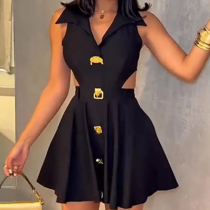 Summer Solid Color High Waist Pleated Dresses Office Lady Lapel Button A-line Dress Sexy Hollow Out Sleeveless Slim Short Dress
