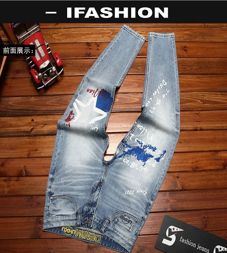 Fashionable printed jeans for men retro blue elastic slim fit small feet street fashion high-end denim casual pants
