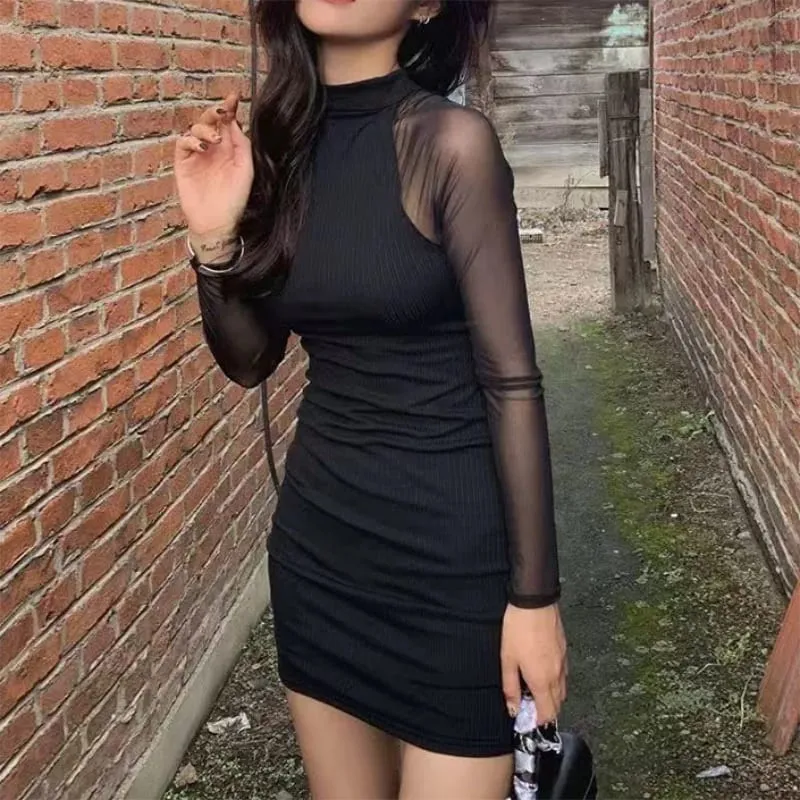 Mesh Patchwork Halb Stehkragen Frauen Kleider Schwarz Mode Durchsichtig Lange Hülse Dünne Clubwear Weibliche Mini Kleid Bodycon
