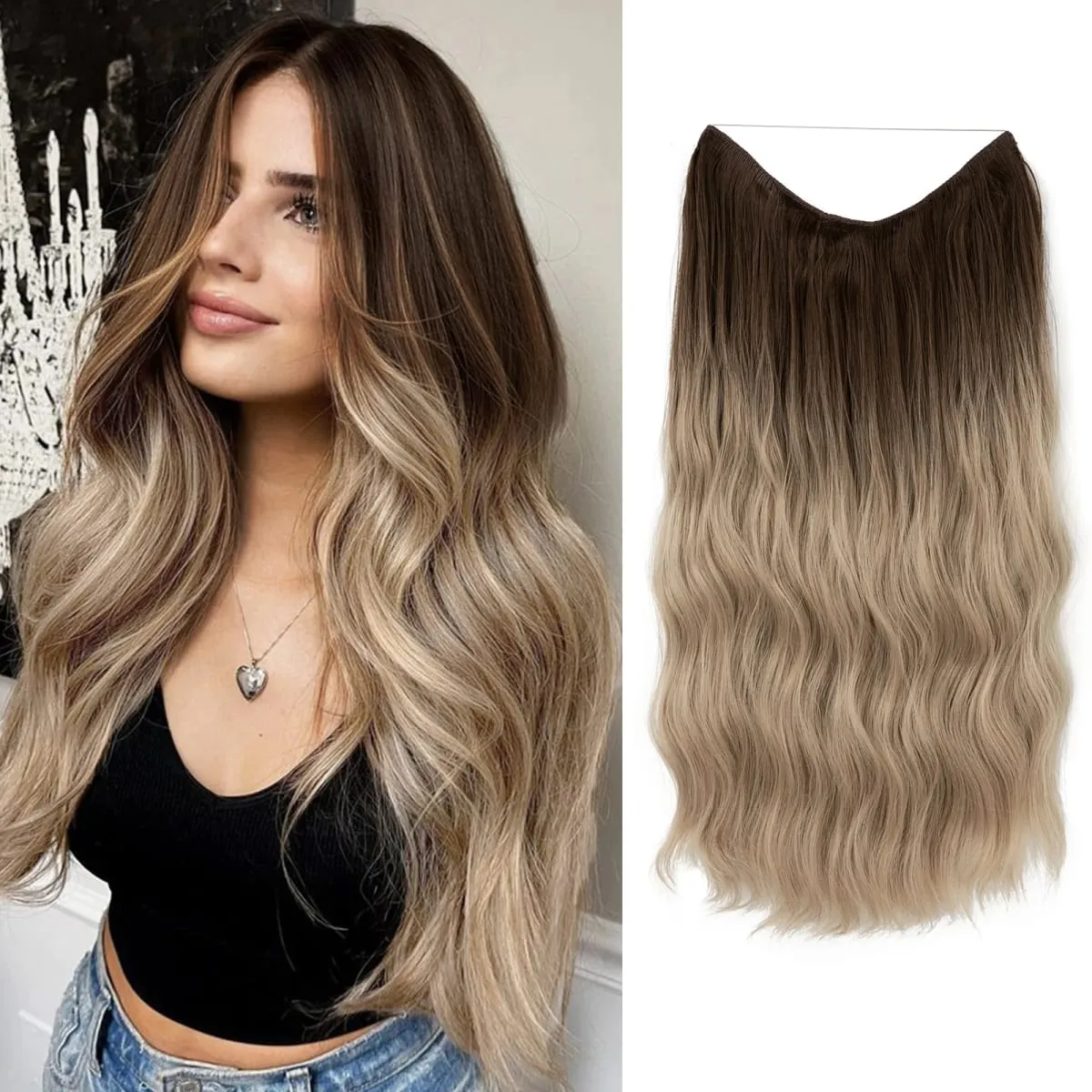 Synthetic Wave Invisible Wire With Clips Hair Extensions Fish Line Natural Blonde Clip In Hairpiece Fake Hair Piece
