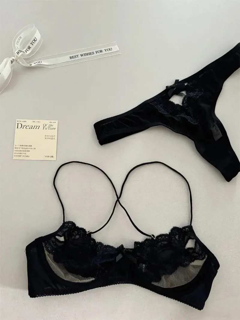 Franse Bh Ondergoed Set Uitgehold Verzamelen Boog Kant Half Cup Bh Vrouwen Sexy Lingerie Ultradunne Verleiding Erotische Hot Outfits