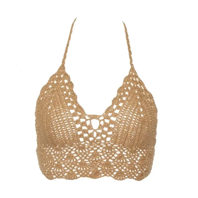 New Sexy Bikini Crop Top Crochet Boho Beach Camisoles Bikini Bralette Halter Cami Knitted Bra Women Backless Beachwear Tank Top