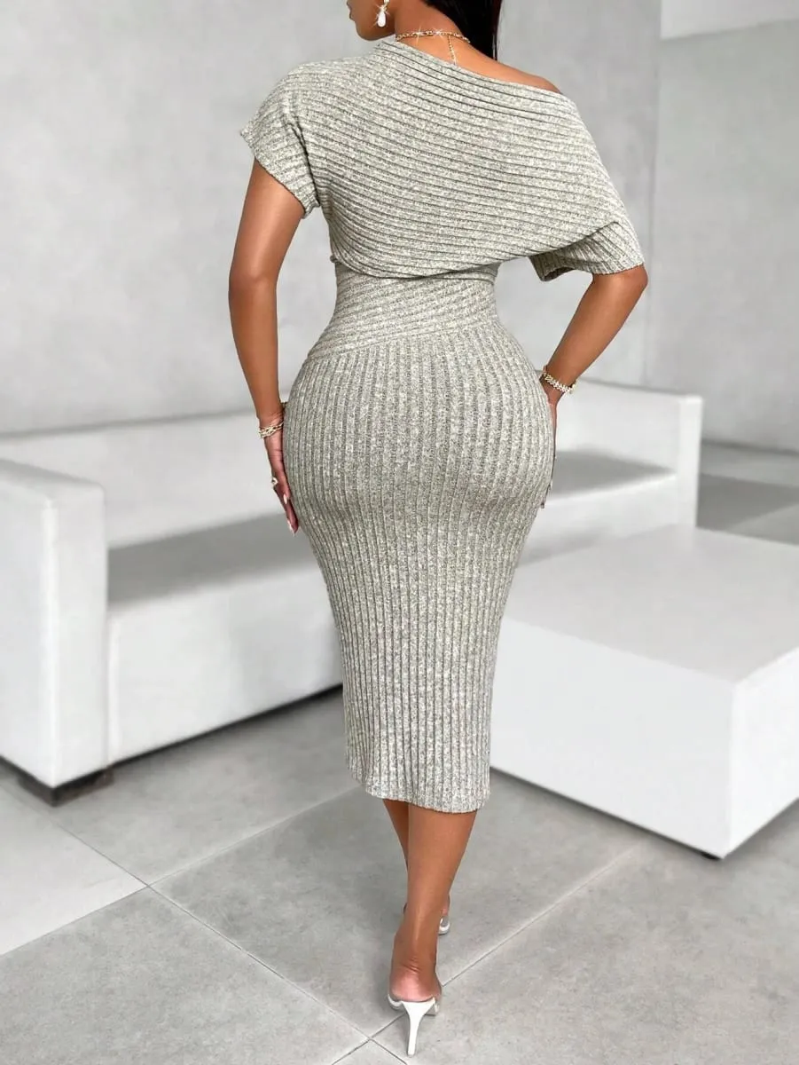 Women's Fashion Solid Color Asymmetric Shoulder Textured Fabric Dress