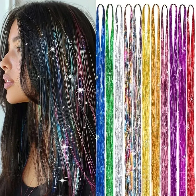 90cm Syntetisk 3st/set Regnbågsfärgat glänsande hår Laser Tinsel Långt rakt Värmebeständigt Fairy Hair Extension Party Dagligen