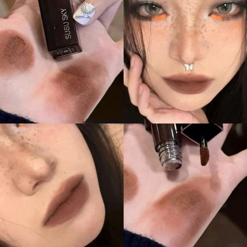 Waterproof Punk Gothic Matte Black Lipstick Purple Lipgloss Makeup Mousse Lip Mud Dark Red Brown Lipstick Non-stick Cup Lip Tint