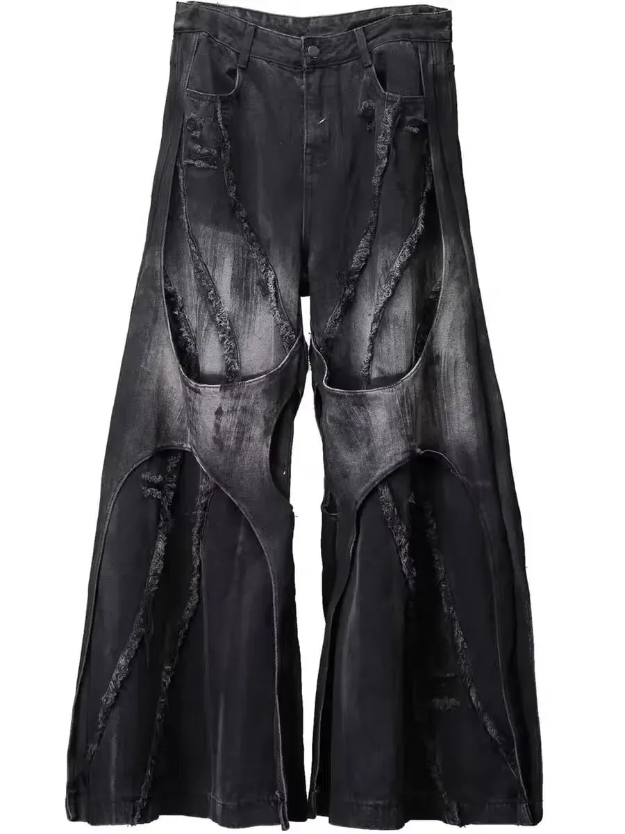 Men's Y2k Baggy Flare Jeans Harajuku Japanese 2000s Style Patchwork Denim Trouser Vintage Oversize Cargo Jeans Pants Clothes