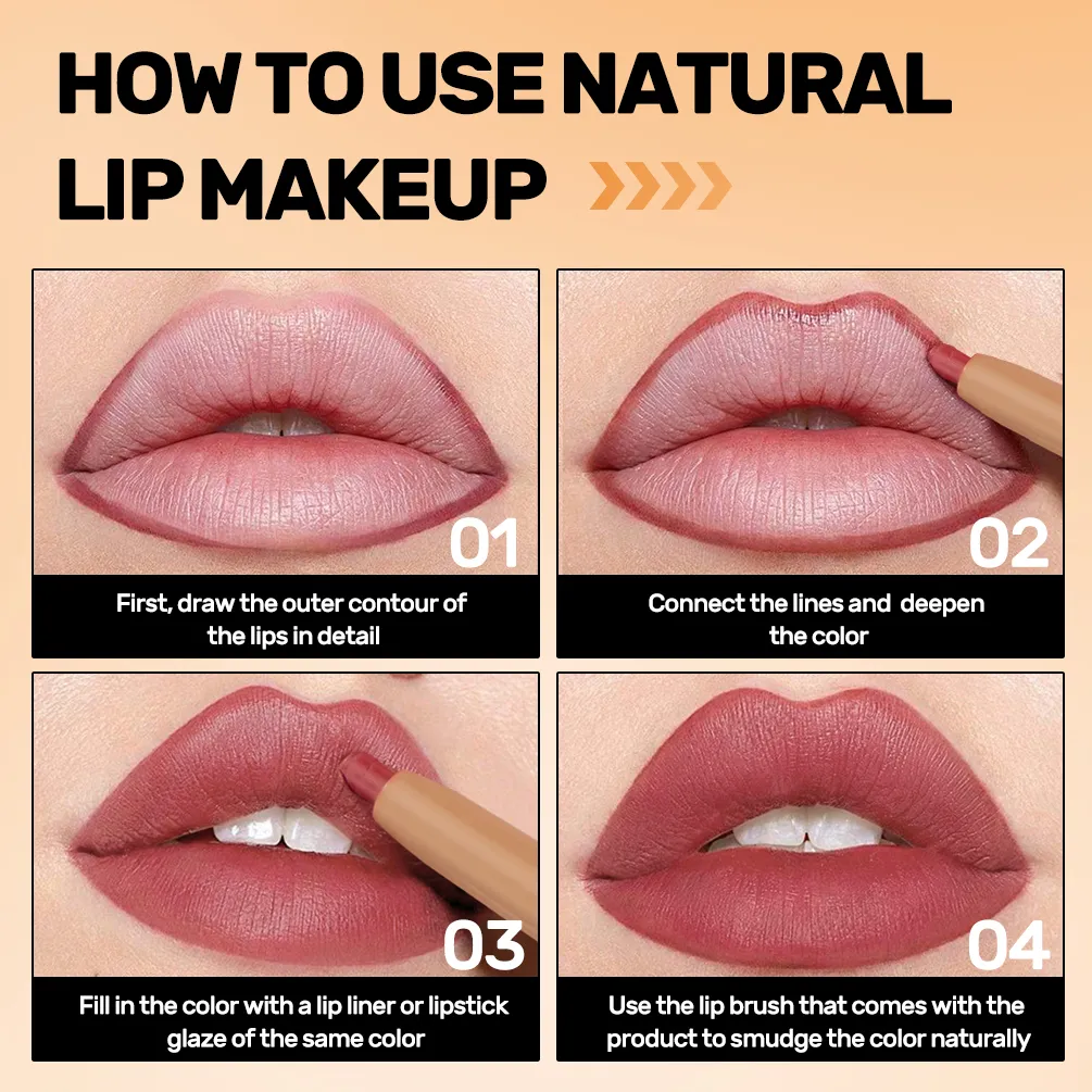 With Silicone Brush Lip Liner Pen Double-head Automatic Silky Soft Coffee Brown Smudging Full Lip Shape Outline Contour Makeup