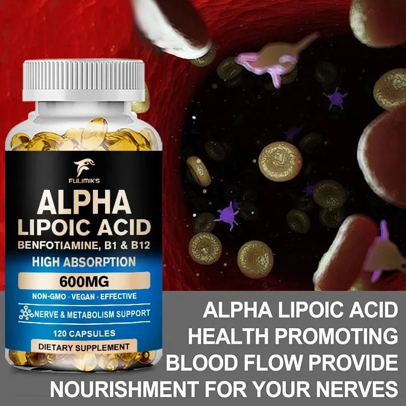Alpha Lipoic Acid Capsules with Vitamin B12 for Energy Support Heart Health Neuropathy Relief Dietary Supplemen Non-GMO