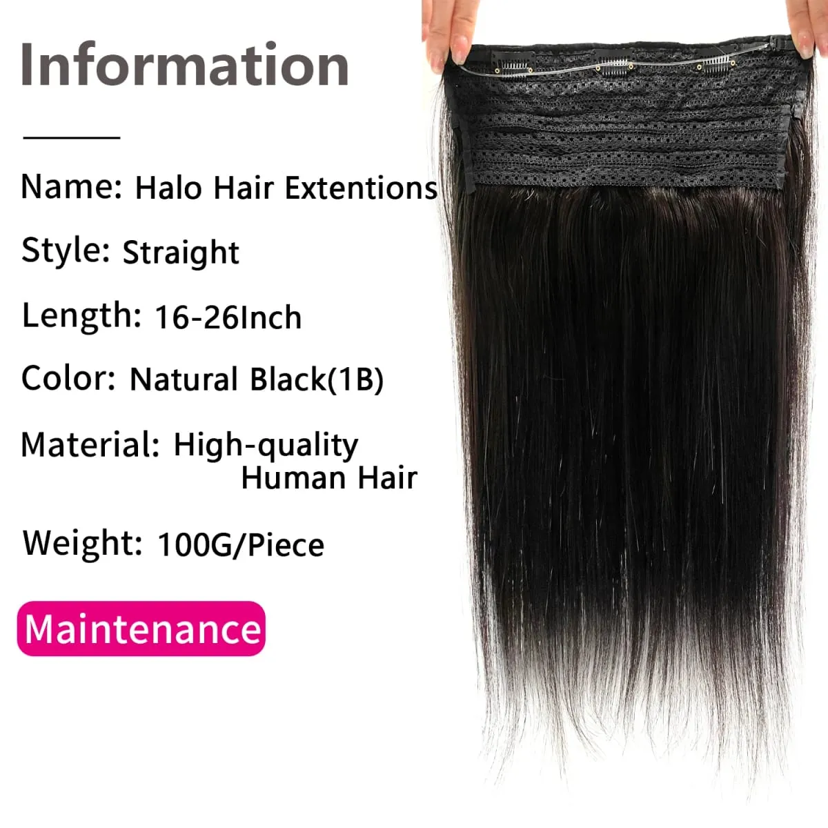 #1B Halo Extensions Human Hair With Clips Natural Black Clip In Hair Extensions Invisible Wire Hair Human Hair Extensions 26In — image 2