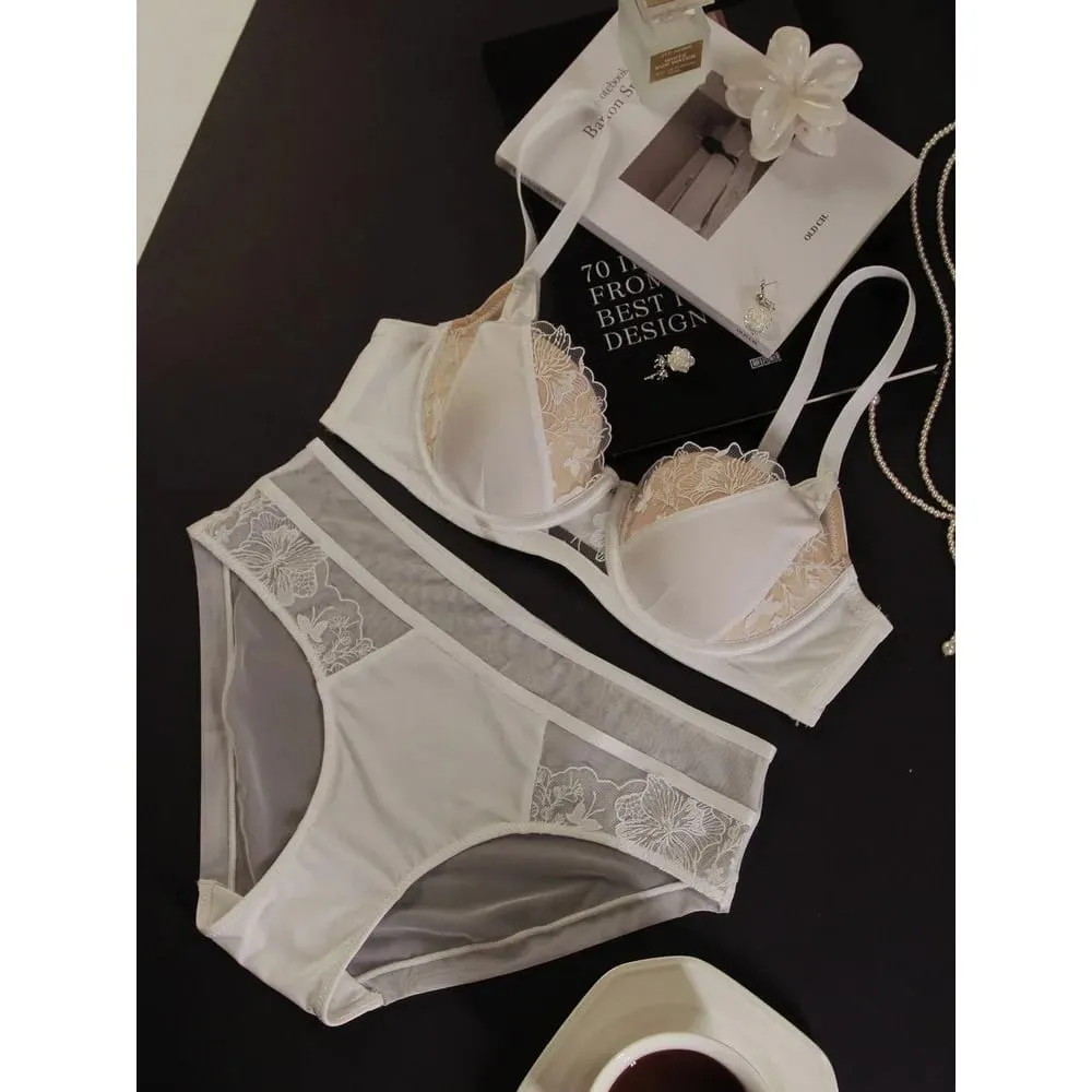 Plus Size Color Block Lace Bra Set Thin Cup Full Coverage Support Big Bust D Cup Lingerie Set Curvy Ladies Daily Wear